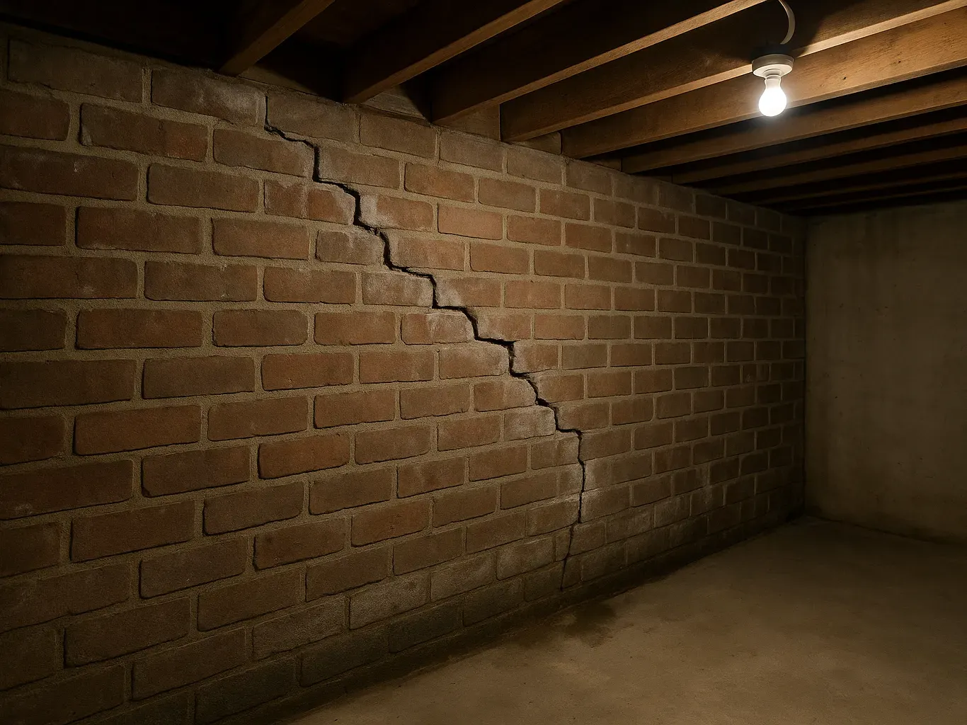 a stair step crack in a basement wall with efflorescense