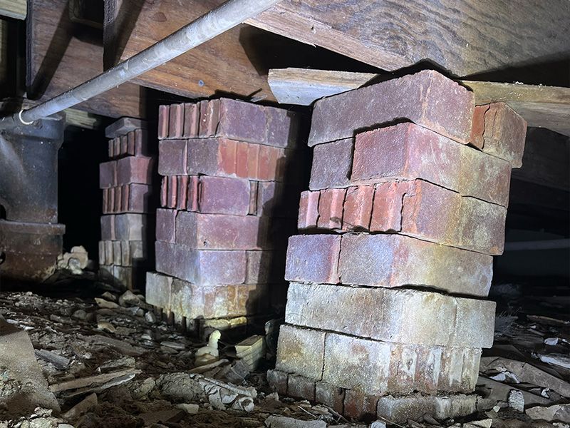 Large stacks of bricks have been added to hold up a crawl space